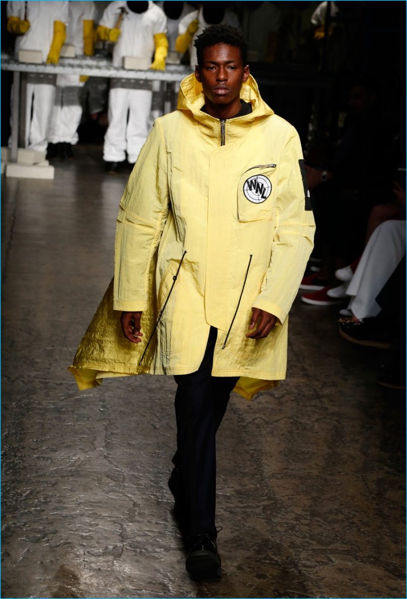 Public School adds a pop of color to its signature dark offering with a yellow parka.