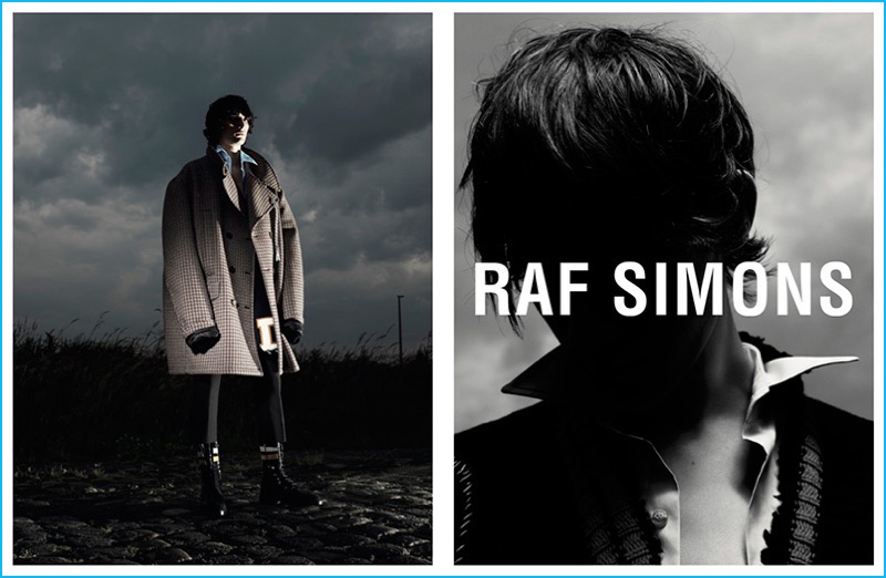 Luca Lemaire sports an oversized coat for Raf Simons' fall-winter 2016 campaign.
