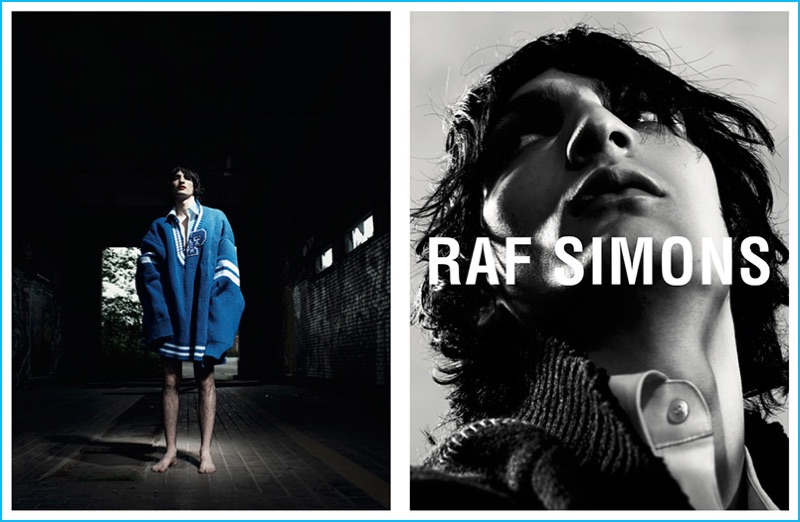 Luca Lemaire is pictured in an oversized cardigan sweater for Raf Simons' fall-winter 2016 campaign.