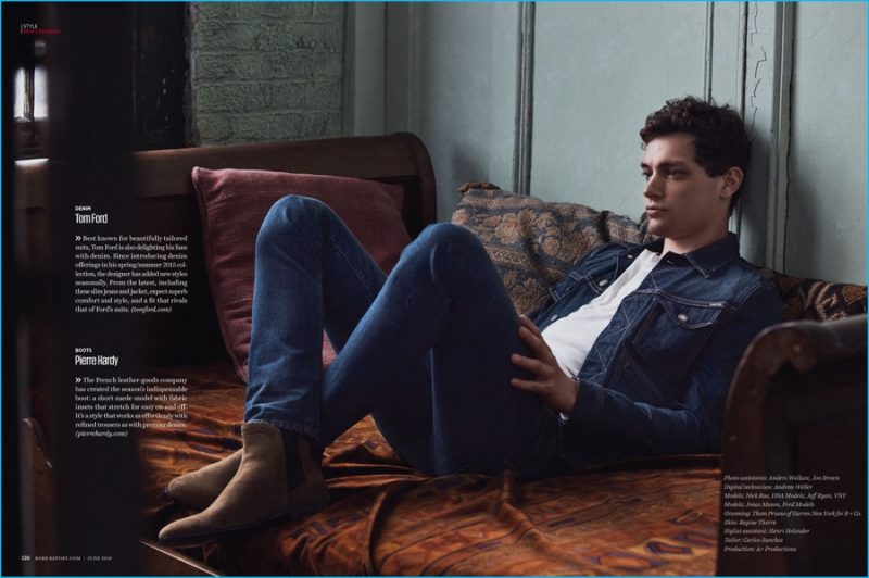 Nick takes it easy in Tom Ford denim with Pierre Hardy boots.