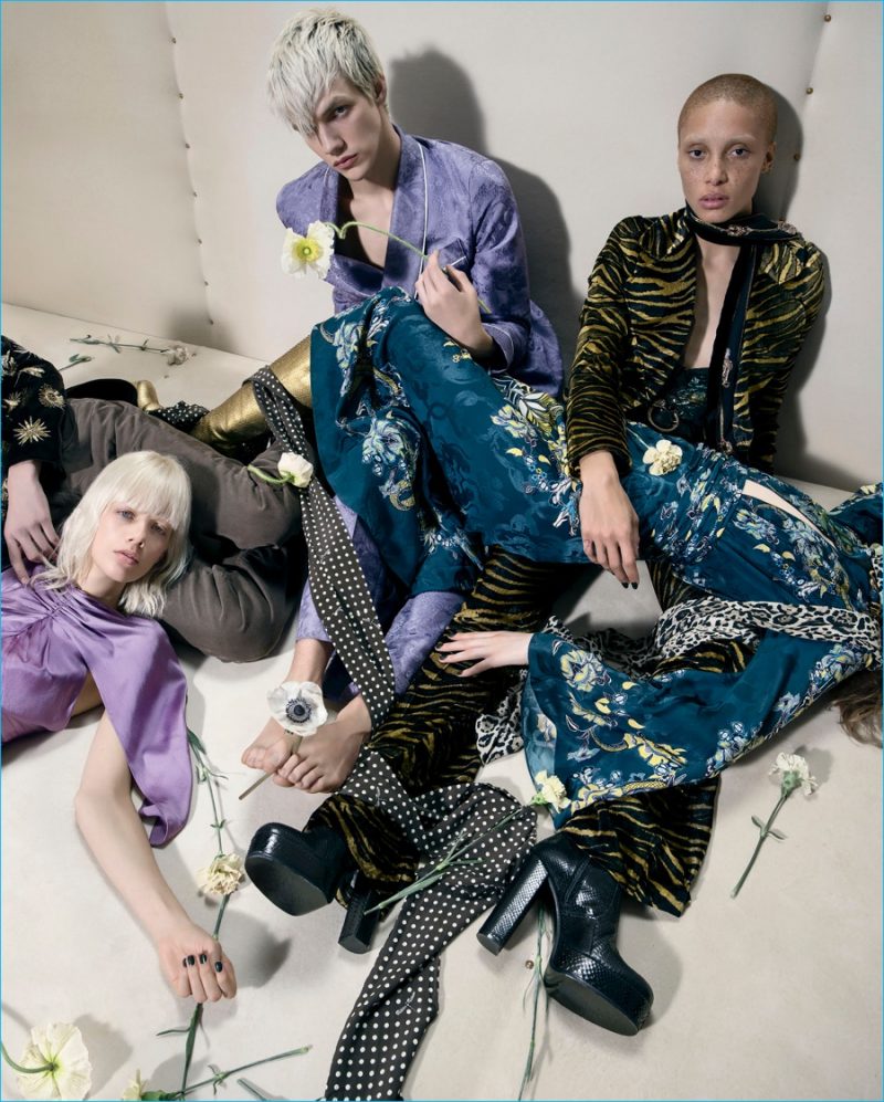 Benji Staker is front and center for Roberto Cavalli's fall-winter 2016 campaign, charming in a lavender silk number.