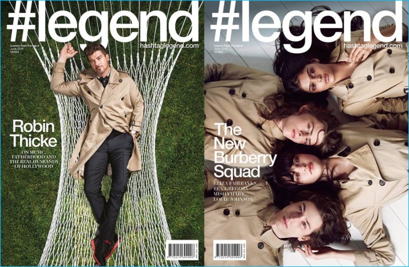 Robin Thicke and Burberry's current model muses cover the latest issue of #legend magazine in the British label's iconic trench coats.