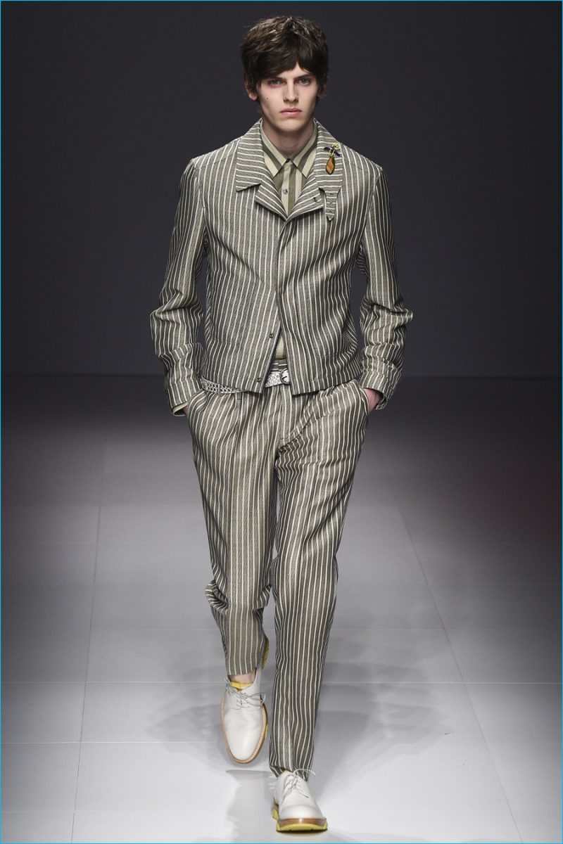 Salvatore Ferragamo injects its suiting with a casual attitude, courtesy of pinstripes.