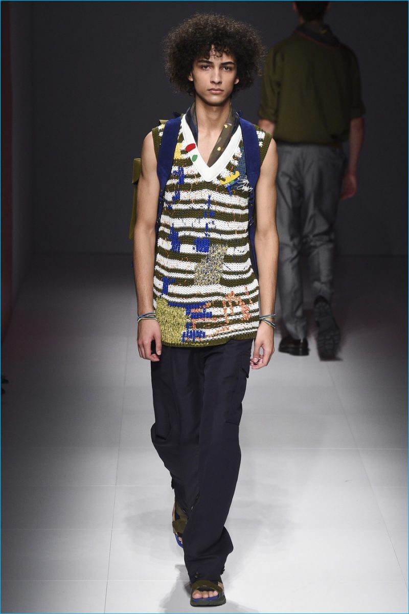 A juxtaposition of paint splatters and stripes lends Salvatore Ferragamo's sleeveless knits a fun allure.