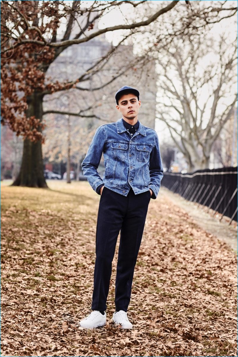 Micky Ayoub heads outdoors in a classic denim jacket with trousers from Saturdays NYC.