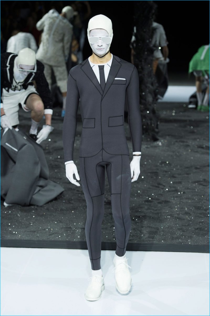 Thom Browne embraces a cheeky attitude with a slim grey wet suit.