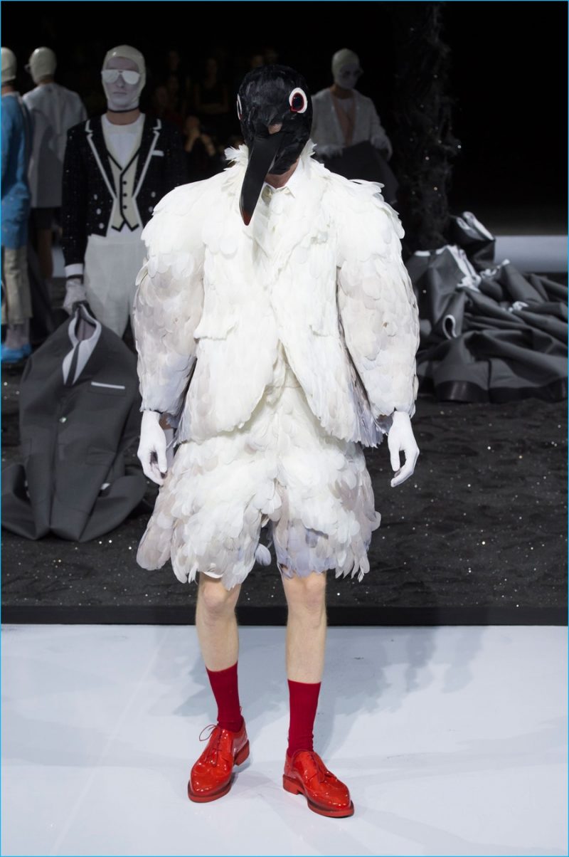 Thom Browne does quirky with a parrot-inspired suiting number.