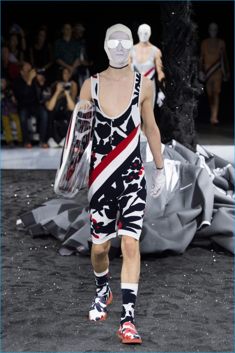 Thom Browne goes retro with vintage inspired one-piece swimsuits. 