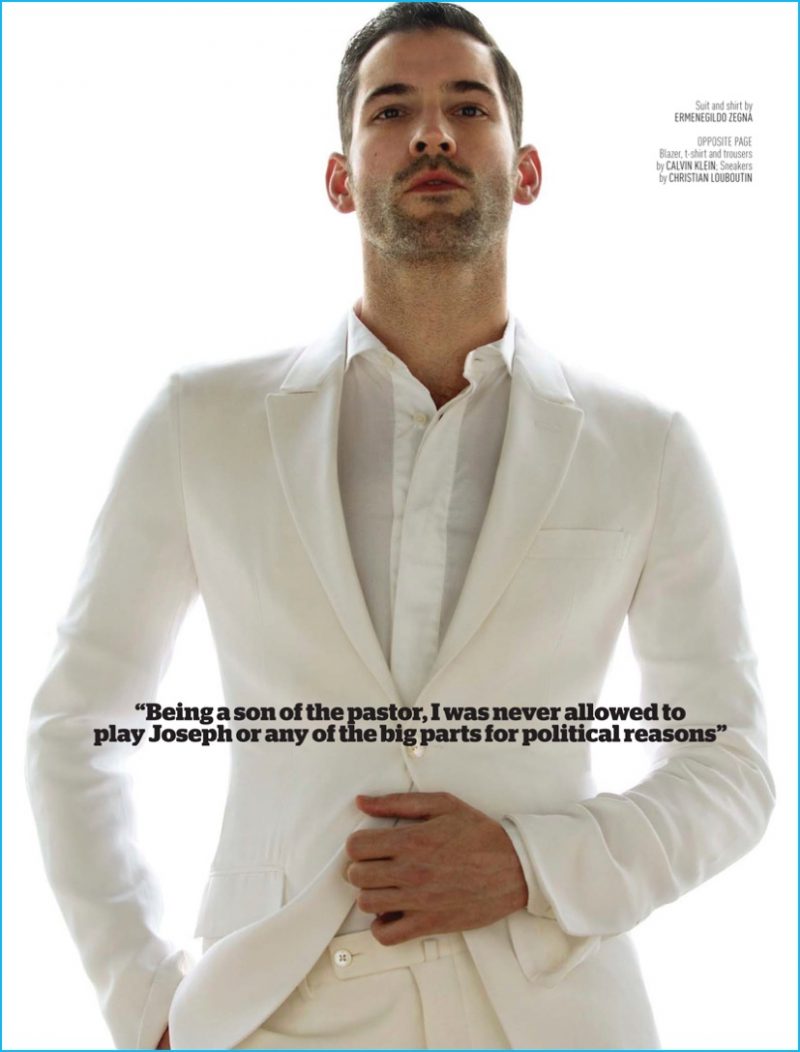 Tom Ellis embraces summer whites in a suit from Ermenegildo Zegna.