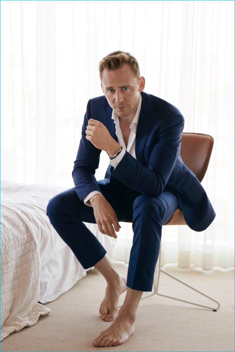 Tom Hiddleston Navy Suit Feet W Magazine Photoshoot