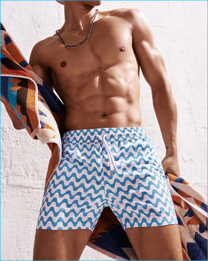 Travor Signorino pictured in Frescobol Carioca patterned swim shorts. 