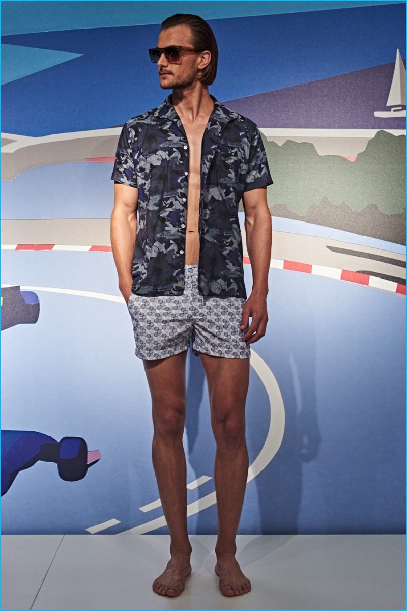 Turnbull & Asser channels a resort ease with its pajama collared shirts and swim shorts.