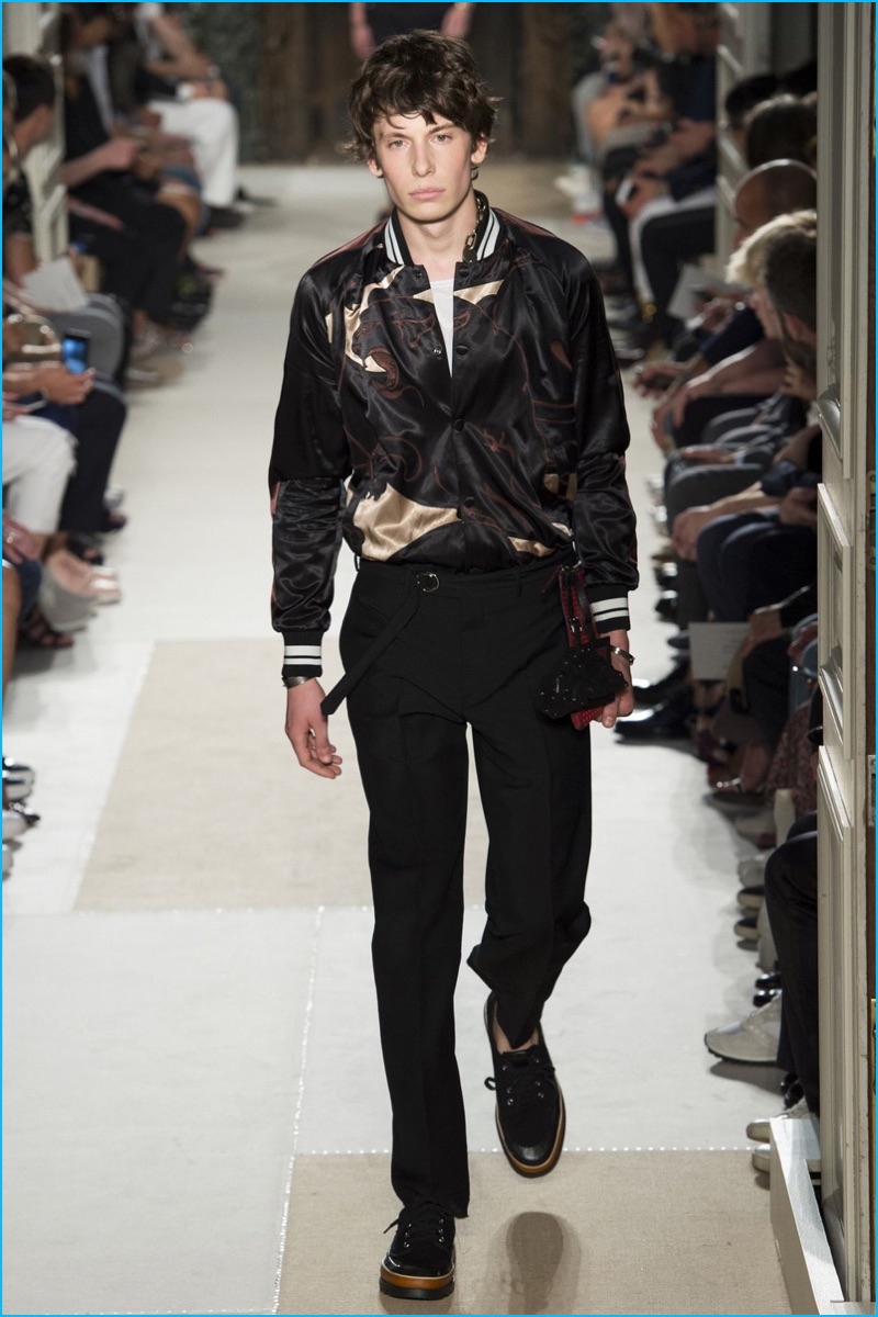 Valentino reprises its satin bomber jacket as an undeniable hit for spring-summer 2017.