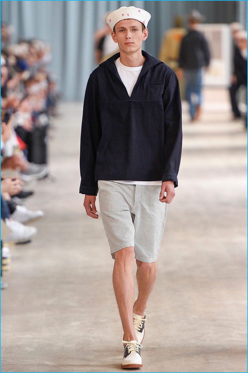 Visvim offers up a spin on sailor style with a hooded pullover and cotton shorts.