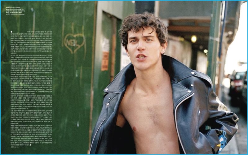 Vincent LaCrocq heads outdoors in a leather biker jacket for the pages of Vogue Korea.