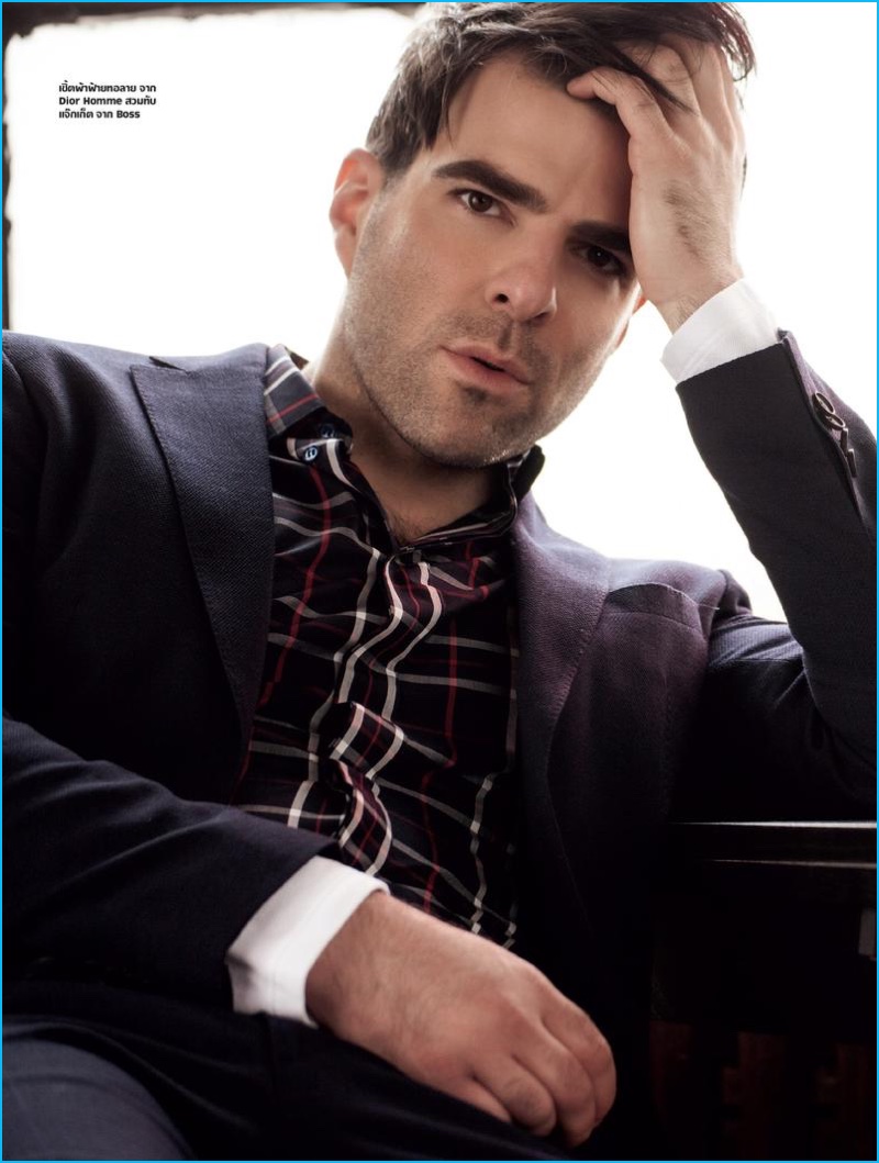 Zachary Quinto pictured in Dior Homme and BOSS Hugo Boss.