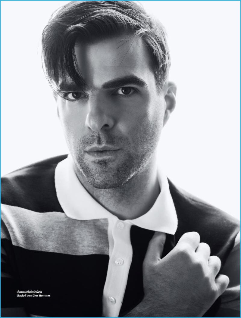 Zachary Quinto wears a Dior Homme polo shirt.