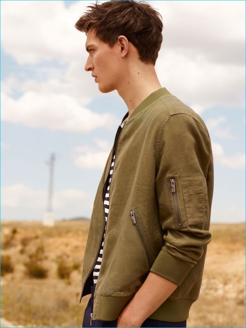 Everyday Linen: Otto Lotz models a linen bomber jacket with a striped tank from Zara Man.