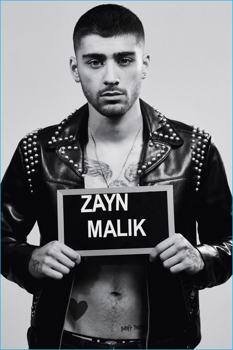 Zayn Malik poses for a mugshot, wearing a studded leather biker jacket from Marc Jacobs. » Zayn Malik Covers Dazed, Talks Fame & Met Gala Outfit Zayn Malik poses for a mugshot, wearing a studded leather biker jacket from Marc Jacobs.