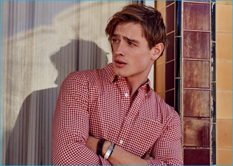 Patrick O'Donnell embraces a smart leisure look in Abercrombie & Fitch's gingham shirt.
