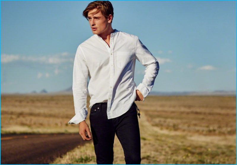 Patrick O'Donnell rocks an Abercrombie & Fitch grand-dad collar shirt with black denim jeans.