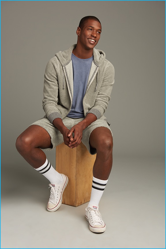 Model Ronald Epps is front and center in a grey leisure look from Abercrombie & Fitch's Lounge Collection.