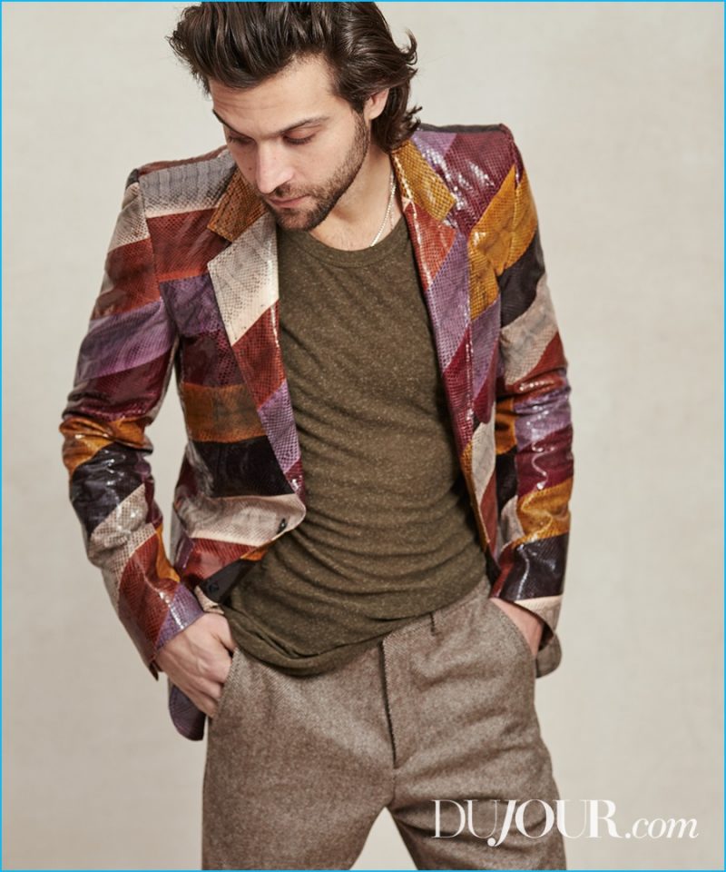 Alexander DiPersia wears t-shirt Alexander Wang, blazer and trousers Roberto Cavalli.