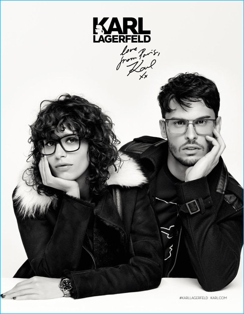 Mica Arganaraz and Baptiste Giabiconi charm in Karl Lagerfeld eyewear for the designer's fall-winter 2016 campaign.