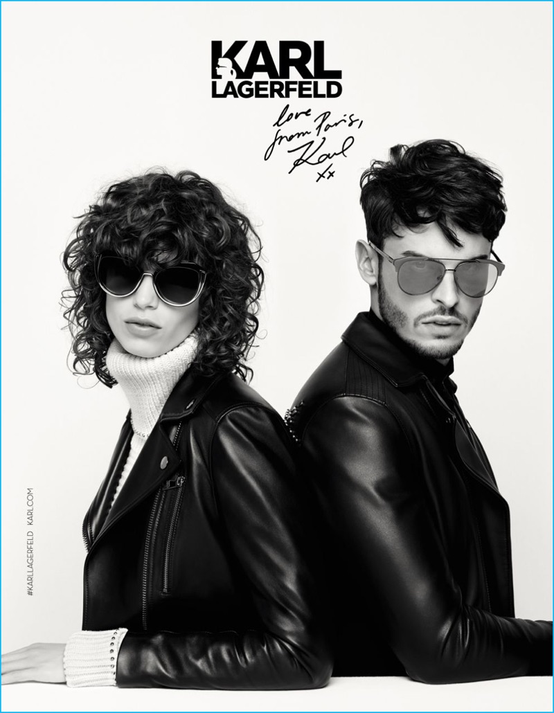 Mica Arganaraz and Baptiste Giabiconi rock sunglasses for Karl Lagerfeld's fall-winter 2016 campaign.