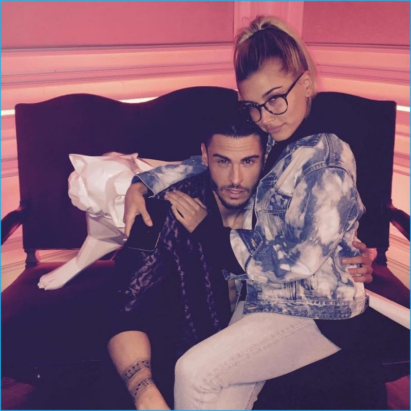 Baptiste Giabiconi and Hailey Baldwin pose for a picture behind the scenes of his Love to Love You Baby music video shoot.