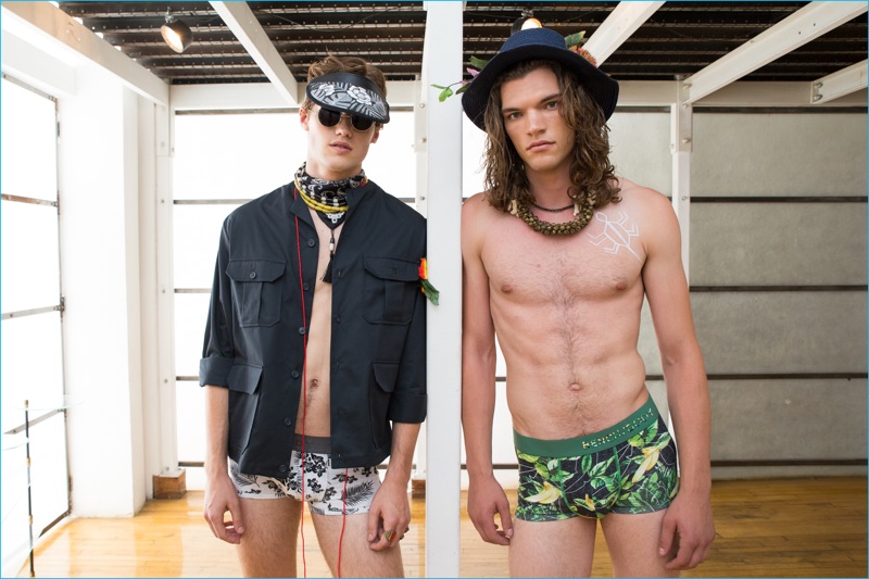 Models Nick Truelove and Fraser Ruth pose for pictures at BENCH/Body's spring-summer 2017 presentation.