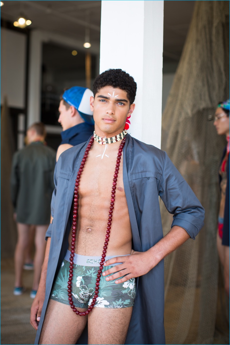 Model Torin Verdone wears an oversized Cadet top with BENCH/Body underwear.