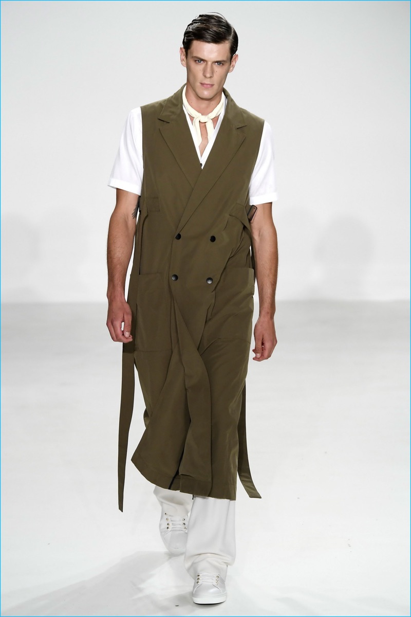 Carlos Campos turned out a tailored, double-breasted sleeveless coat for spring-summer 2017.