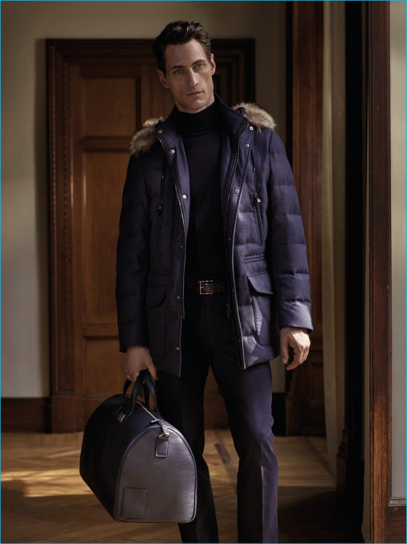 Axel Hermann pictured in a parka from Corneliani's fall-winter 2016 collection.