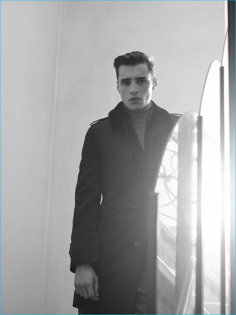 Adrien Sahores pictured in a sharp coat from De Fursac's fall-winter 2016 collection.
