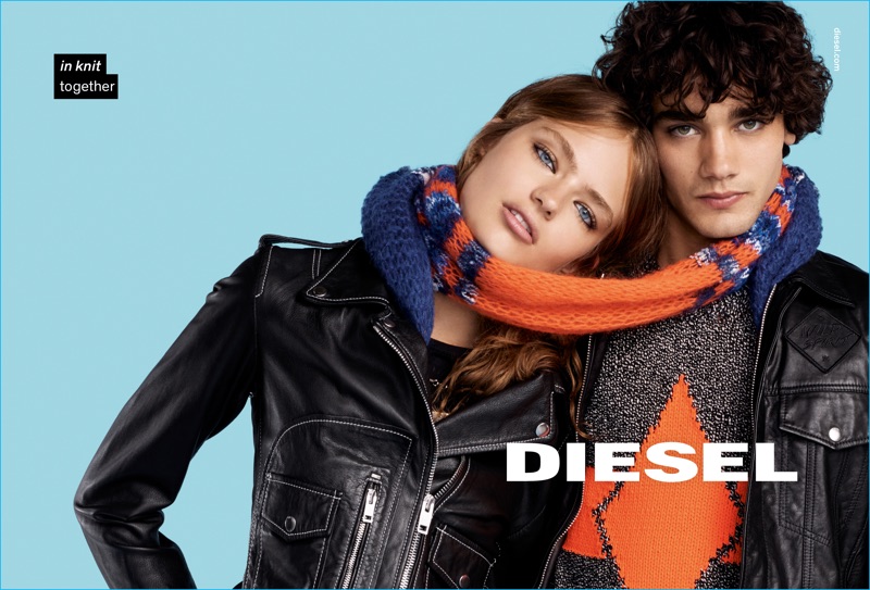 Models Anna Mila and Miles Frank a scarf in a charming image from Diesel's fall-winter 2016 campaign.
