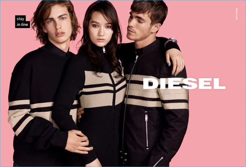 Models Lucas Ucedo, Mona Motsuoka and Julian Schratter fall in line for Diesel's fall-winter 2016 campaign.
