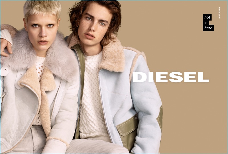Starring in Diesel's fall-winter 2016 campaign, Kris Gottschalk and Lucas Ucedo have a shearling moment.