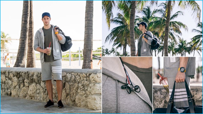 Doctor Mike is ready for a gym workout in grey activewear from Thom Browne, paired with a James Perse tee and Tom Ford sneakers.