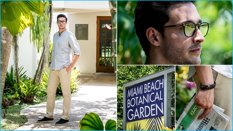 Wearing Tom Ford glasses, Doctor Mike goes smart casual in a Boglioli band-collar shirt, Officine Generale chinos, Paul Smith bracelet and Loro Piana suede desert boots.