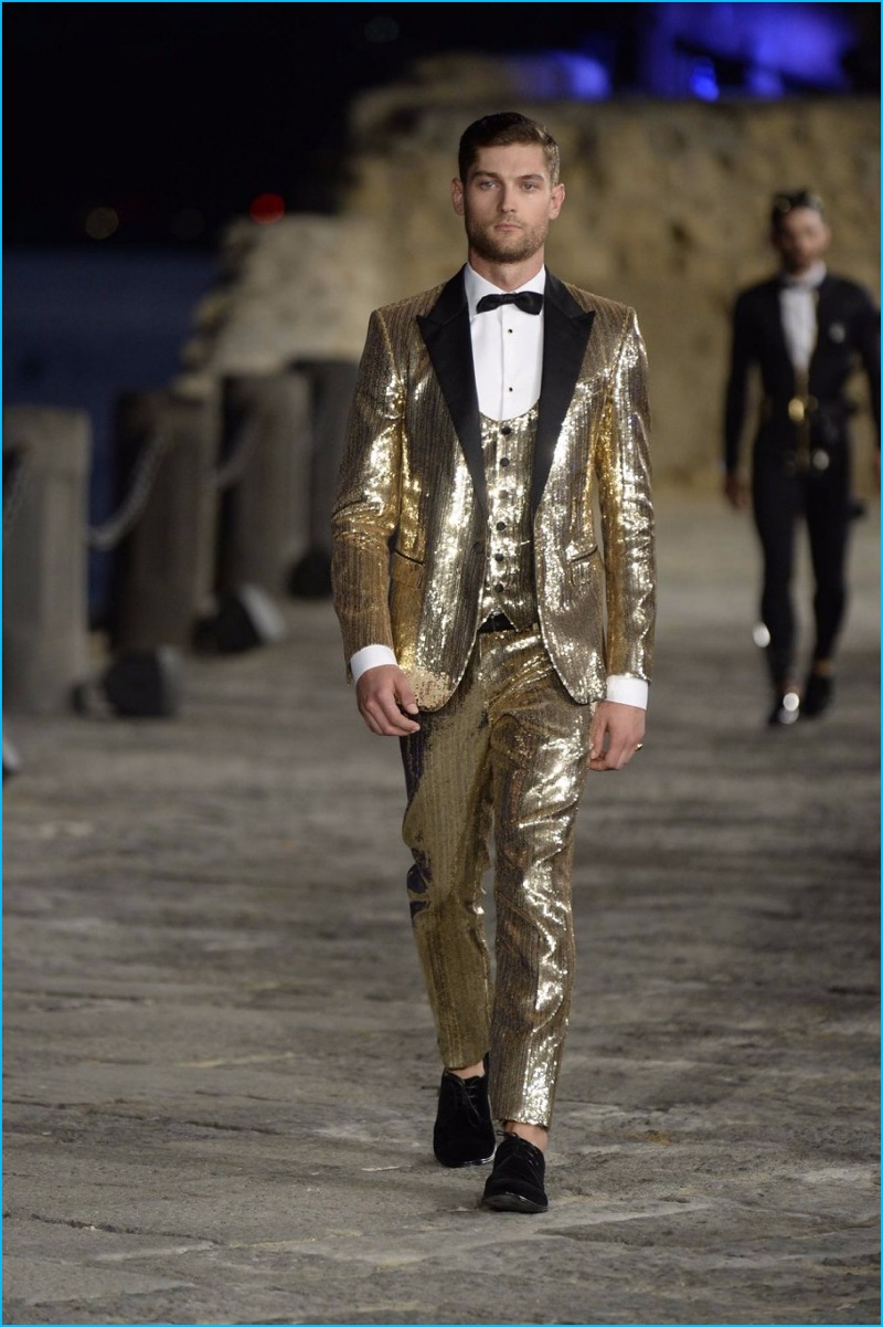 Dolce & Gabbana turns out a sequined tuxedo for its 2016 Alta Sartoria collection.