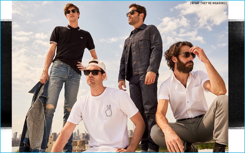 Left to Right: Matthew Hitt wears polo shirt Fred Perry, Van Winkle skinny jeans Ksubi and denim jacket Citizens of Humanity. Jack Ridley III wears Peace tee Rag & Bone, Cusak snap back hat Herschel Supply Co. and sunglasses Han Kjobenhavn. Erik Lee Snyder wears sunglasses Ray-Ban, denim work jacket and Petit New Standard indigo jeans A.P.C. Daniel Jacobs wears short sleeve shirt Rag & Bone Standard Issue, Performance Slimmy jeans 7 For All Mankind and sunglasses Oliver Peoples.