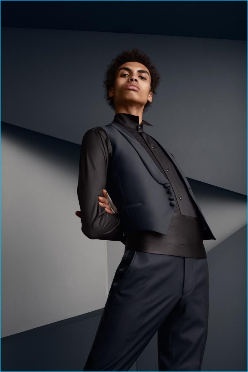 Sol Goss is an elegant vision in a waistcoat and cummerbund for Eton's fall-winter 2016 campaign.