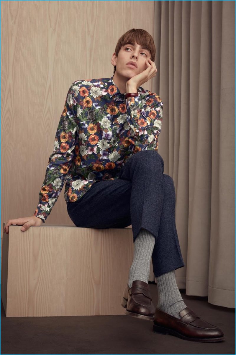 Model Erik Fallberg showcases one of Eton's standout floral print shirts.