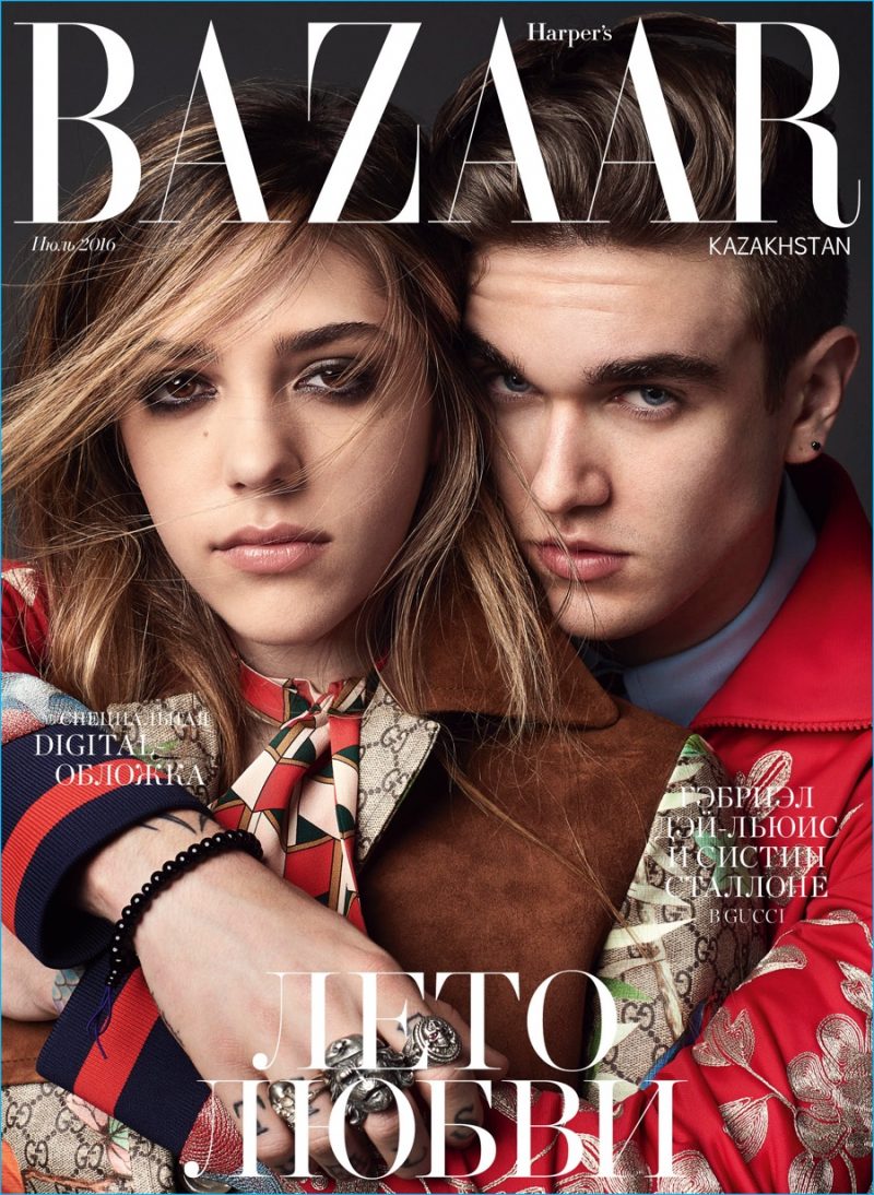 Gabriel-Kane Day-Lewis embraces Sistine Stallone for the July 2016 cover of Harper's Bazaar Kazakhstan.