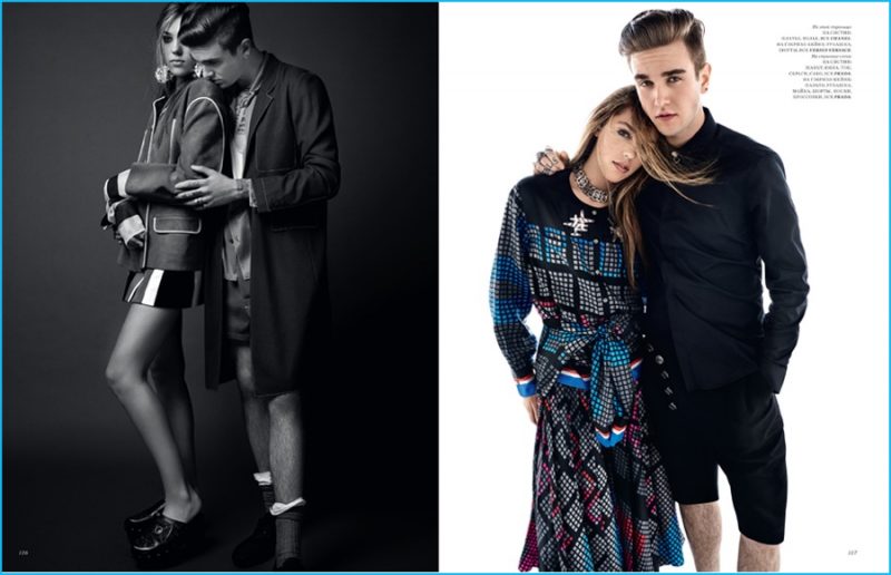 Pictured left, Gabriel-Kane Day-Lewis models a look from Italian fashion house Prada.