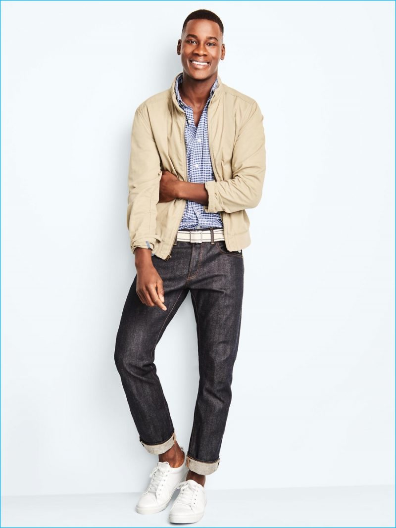 Gap's Harrington jacket is front and center for a casual everyday look, complemented by denim jeans.