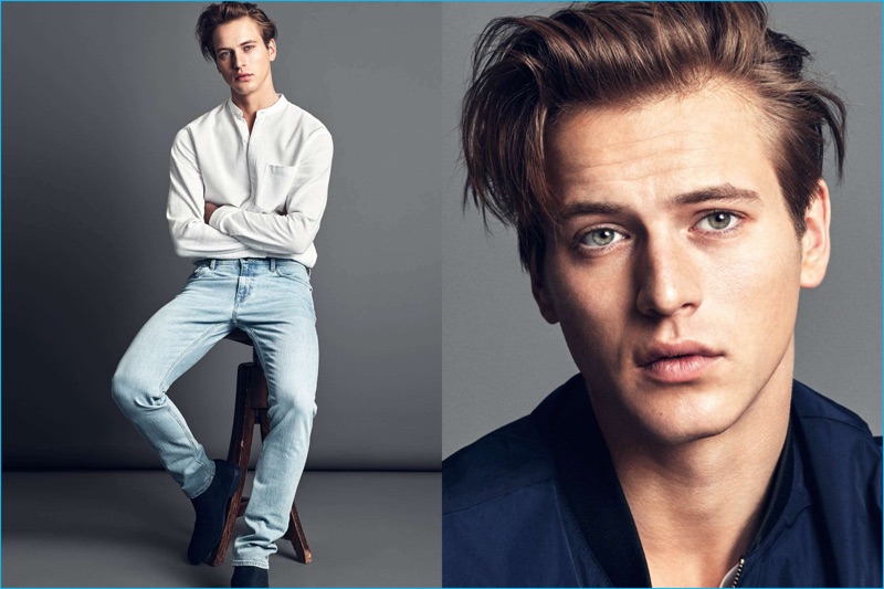 Showcased alongside its band-collar shirt, H&M embraces light wash, low-rise denim jeans.