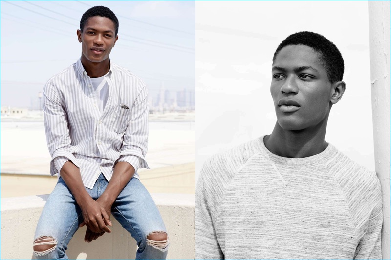 Hamid Onifade maintains a smart casual style in a vertical striped cotton shirt, ripped denim jeans and a fine-knit sweater from H&M.