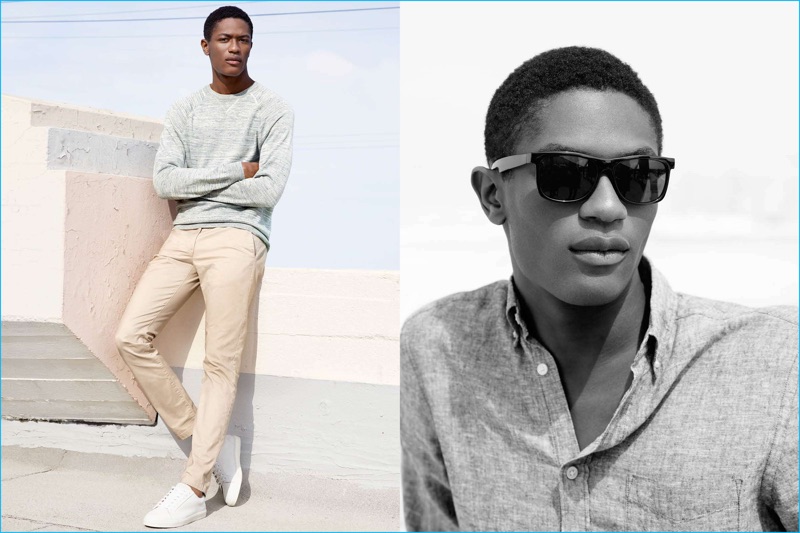 Hamid Onifade is pictured in a fine-knit sweater and linen-blend shirt from H&M, paired with skinny chinos.